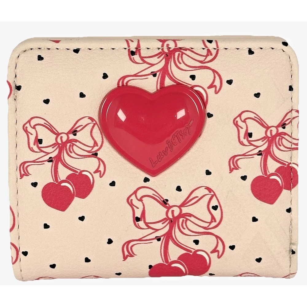Betsey Johnson Cherry Bow Wallet Cream Red Heart Logo Compact Wallet NWT